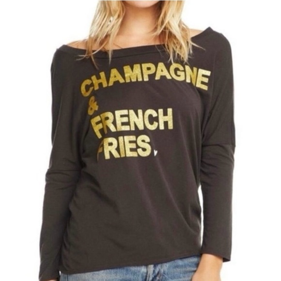 Chaser Revolve | NWT Champagne & French Fries Long Sleeve Glitter Tee Shirt M - Picture 1 of 3